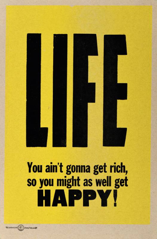 A poster of different black font texts with a yellow background and a cork border.