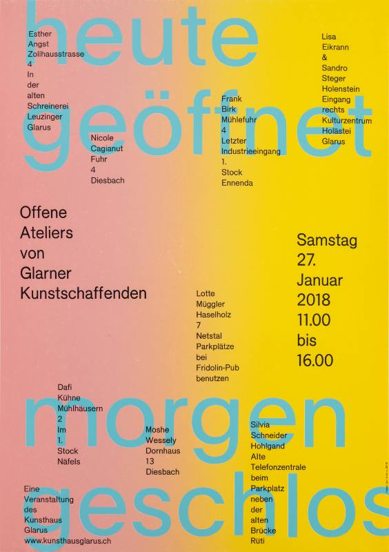 A pink to yellow ombre poster with large team texts & an overlay of smaller black texts.