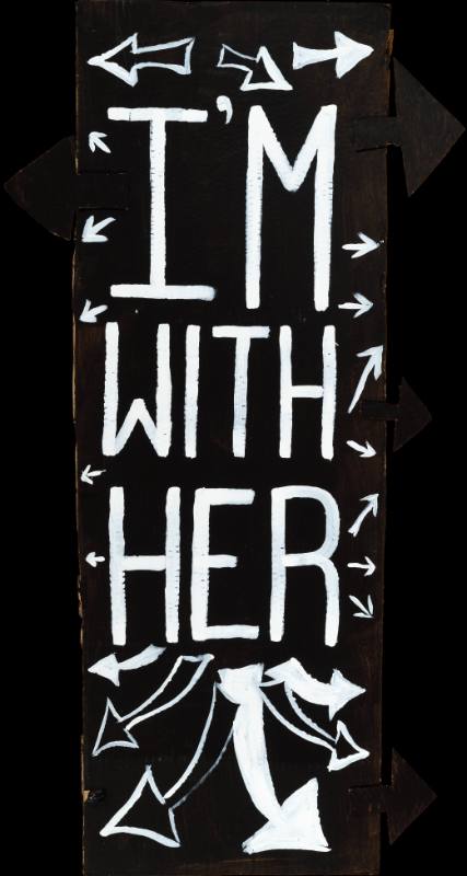 A poster of white text and arrows pointing in all directions on a black background