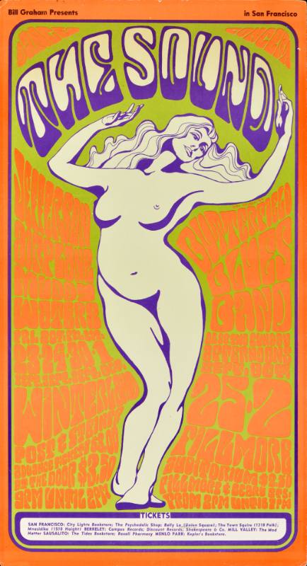 A psychedelic poster of a nude woman with long flowing hair.