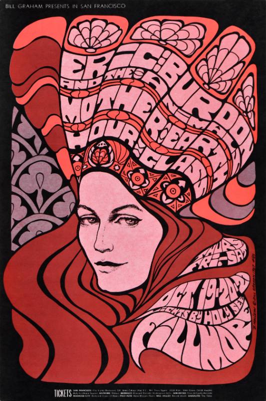A psychedelic poster of a woman with wavy hair and an elaborate headpiece made up of lettering.