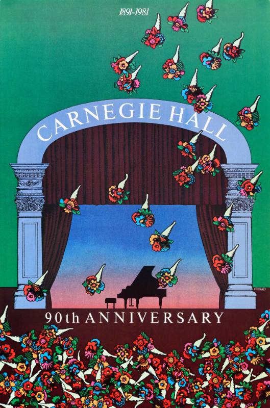 A poster of a grand piano on a stage amidst a shower of bouquets of flowers.