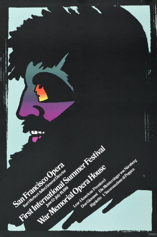 A poster of the profile of a wild haired bearded man, his eye is made of a woman's face.