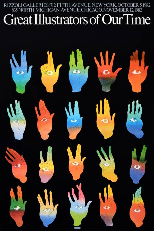 A black poster covered in multi colored hands, with eyes on their palms, gesturing. Image