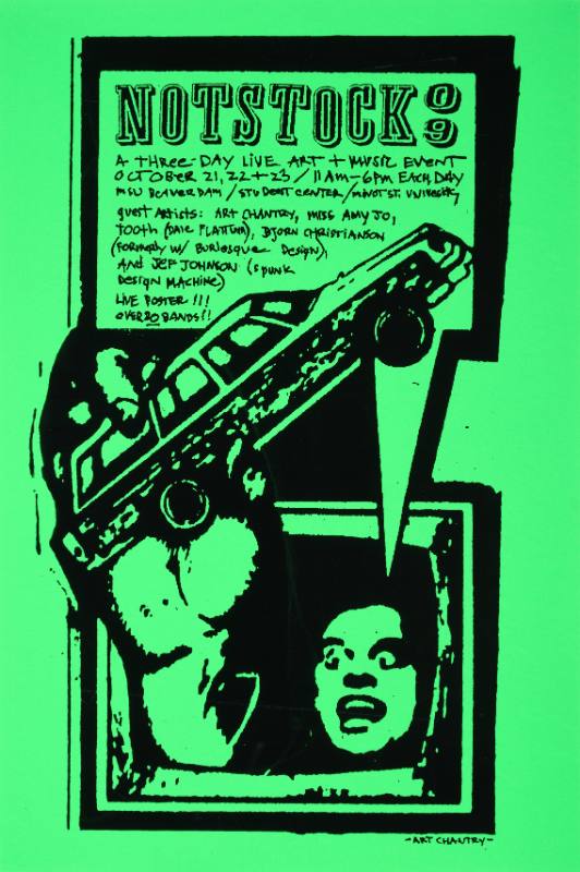 A green poster of a man reaching out of a television screen holding a toy car