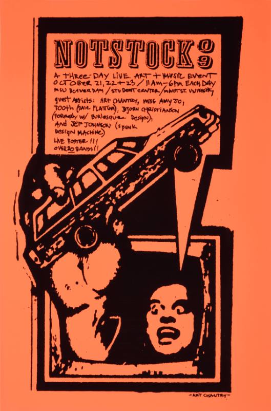 An orange poster of a man reaching out of a television screen holding a toy car
