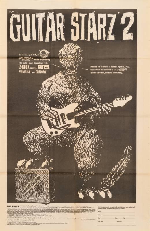 A poster of a dinosaur playing a guitar.
