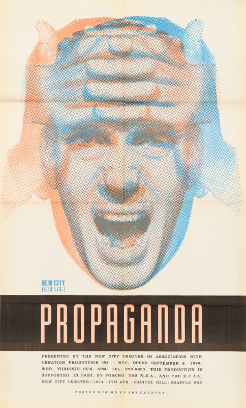 A poster of a man with his hands over his forehead printed in red and blue.