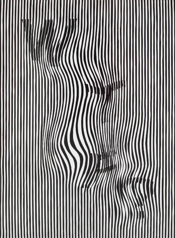 An illusion poster with black and white stripes that ripple in the center to form the letter WTF.
