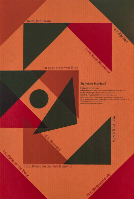 An orange poster of overlaying transparent red orange & green triangles with text wrapping around it.