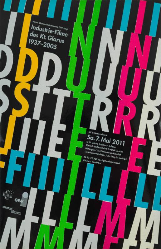 A black poster of diagonal rows of neon and gray letters with gaps in between for text.