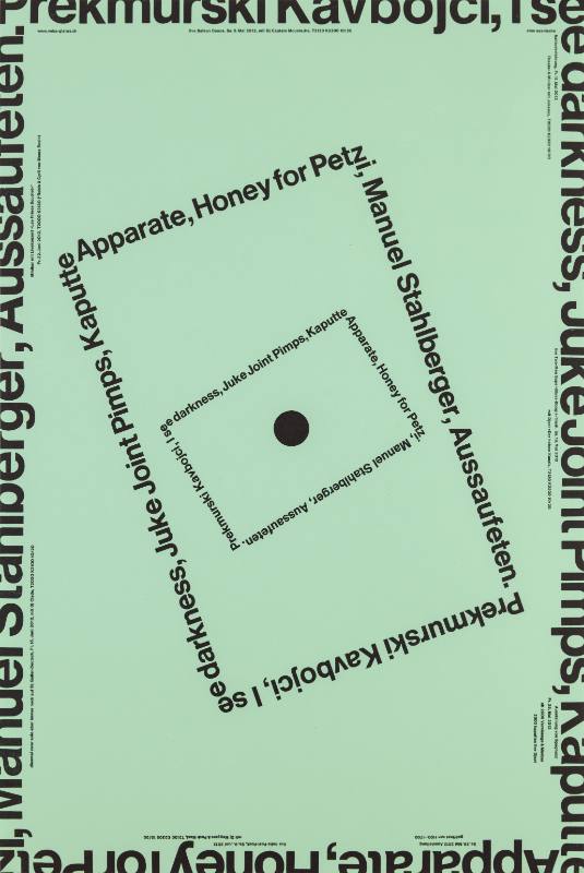 A mint poster of a black dot in the middle with texts in the shape of rectangles wrapping around it.