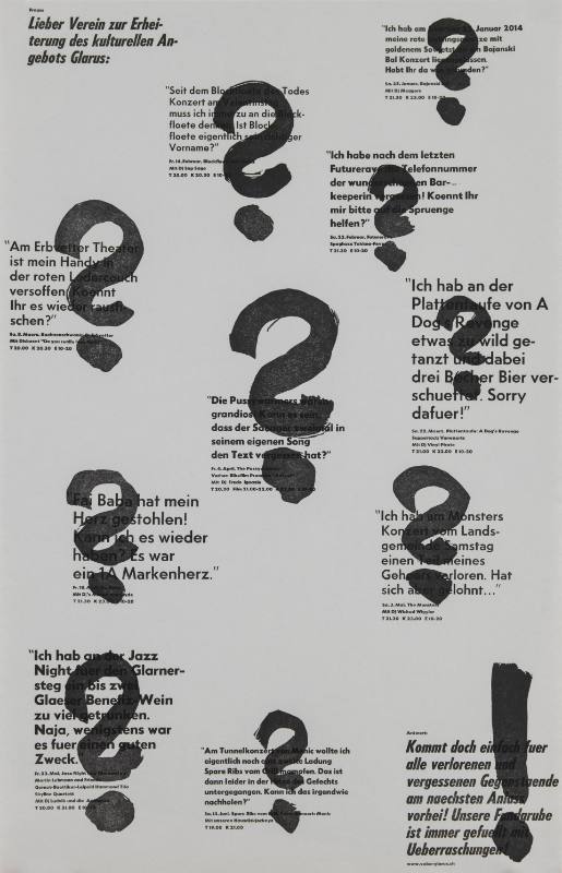 A gray poster of different font texts with overlays of black hand drawn question & exclamation marks.