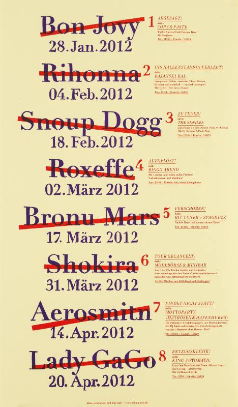 A yellow poster of a purple list of different misspellings of singers and a red line overlaying them.