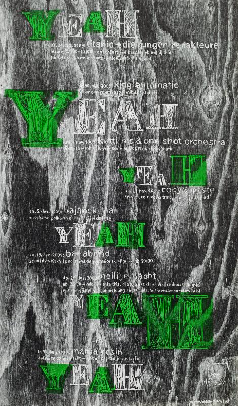 A poster of hand scratched white & green texts with a black & white background resembling wood.