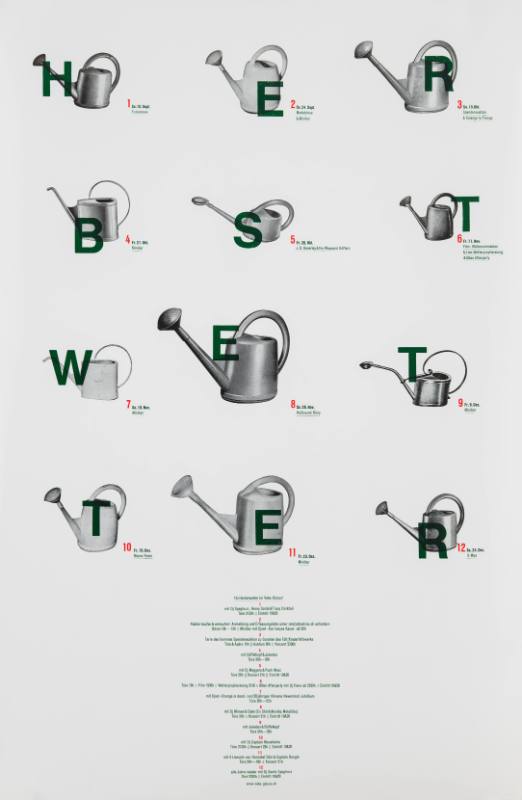 A poster of different watering cans with an overlat of green letters & a numeral list of its names.