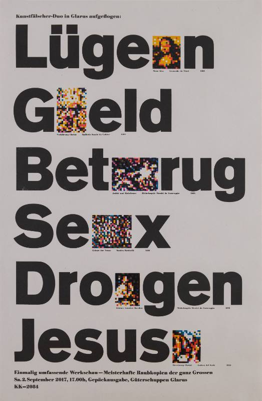 A gray poster of bold black texts & in between are pixelated images of famous artworks.