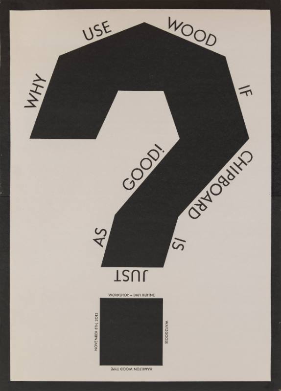 A beige poster of a black geometric question mark with small black texts wrapping around it.