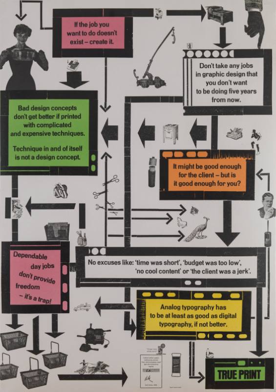 A poster of texts in black squares with many arrows that point to various objects & people.