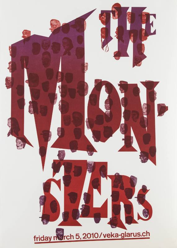 A poster of multiple small red face masks with an overlay of a large sharp text