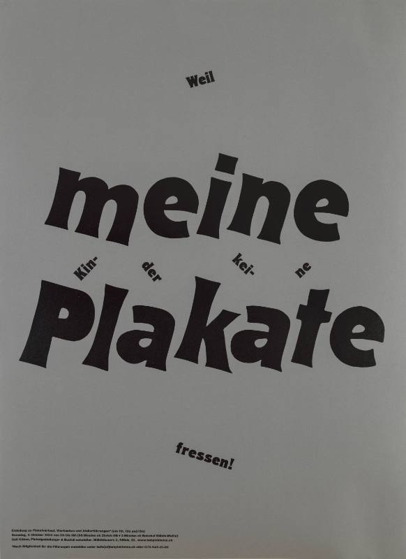 A gray poster of slanted bulky black texts with smaller black texts leaning to the opposite way.