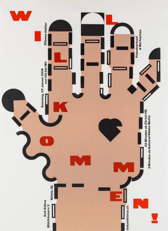 A poster of a hand with a black dash outline as well as an overlay of red texts & a black heart.