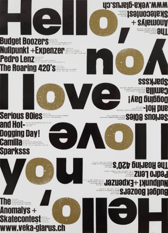 A poster of mirrored black texts with every letter O being a dull yellow.