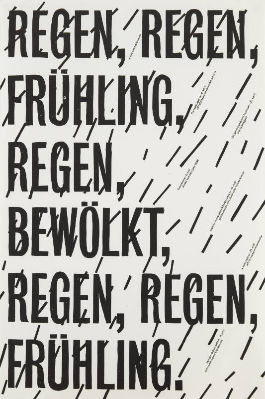 A poster of repetitive black texts and black diagonal lines resembling rain drops.