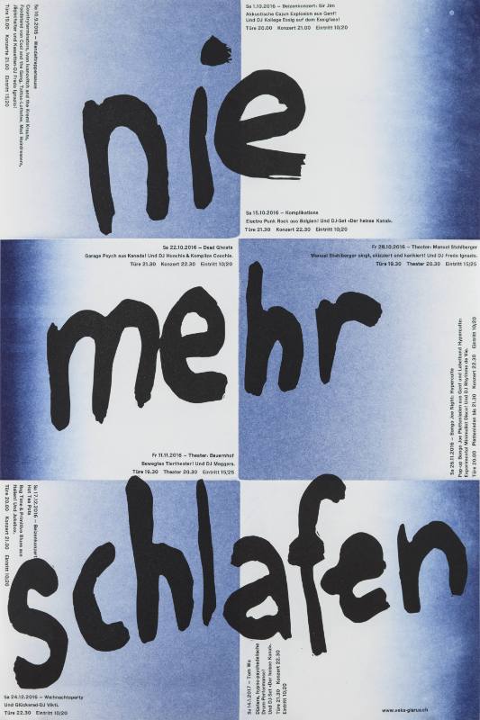 A poster of a black hand painted text overlaying 6 blue to white ombre squares.