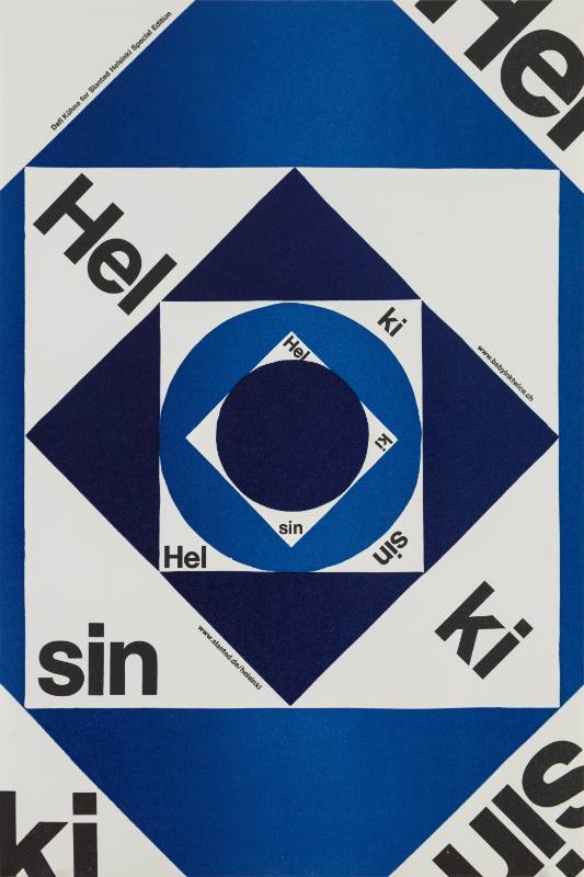 An illusion poster of different overlays of blue, white, and navy blue squares and circles.