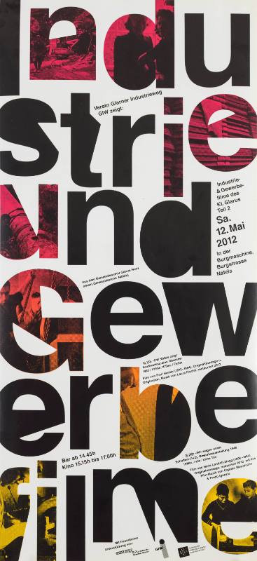 A white poster of a large text made of different ombre images with smaller texts next to it.