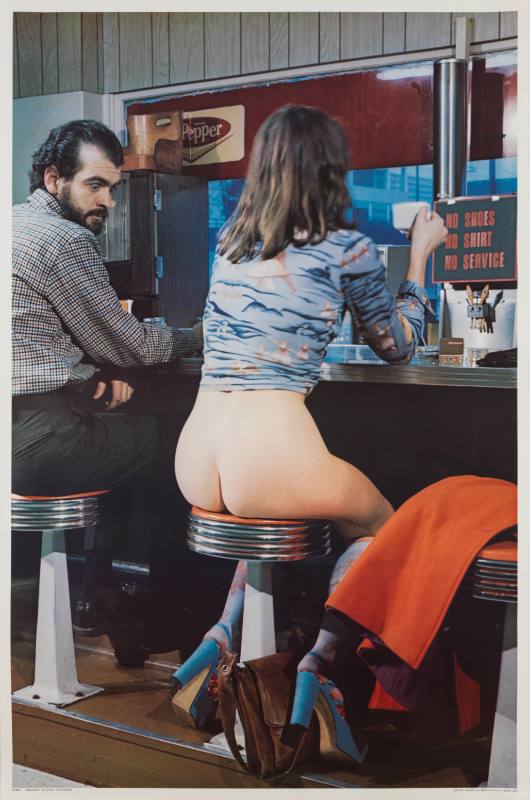 A poster of a semi nude female figure sitting at a diner beside a person staring in shock.