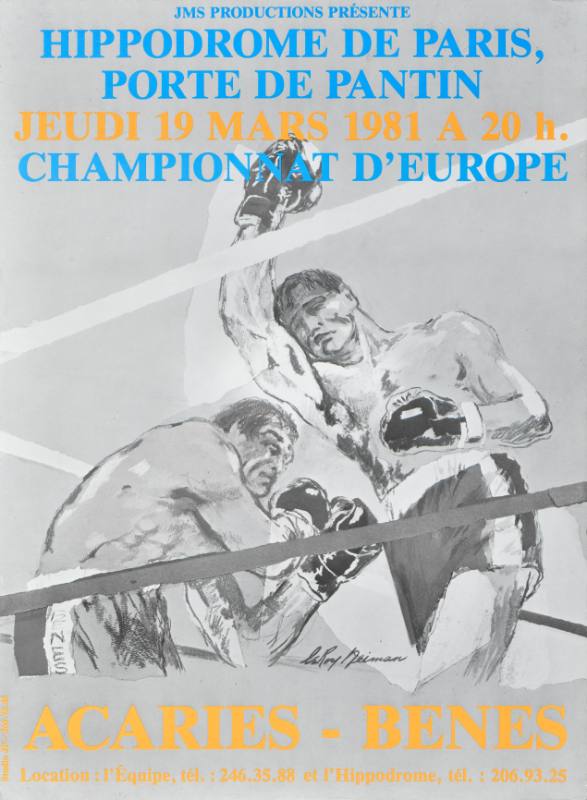 A gray poster of 2 male boxers in a boxing ring as one dodges a punch from another.