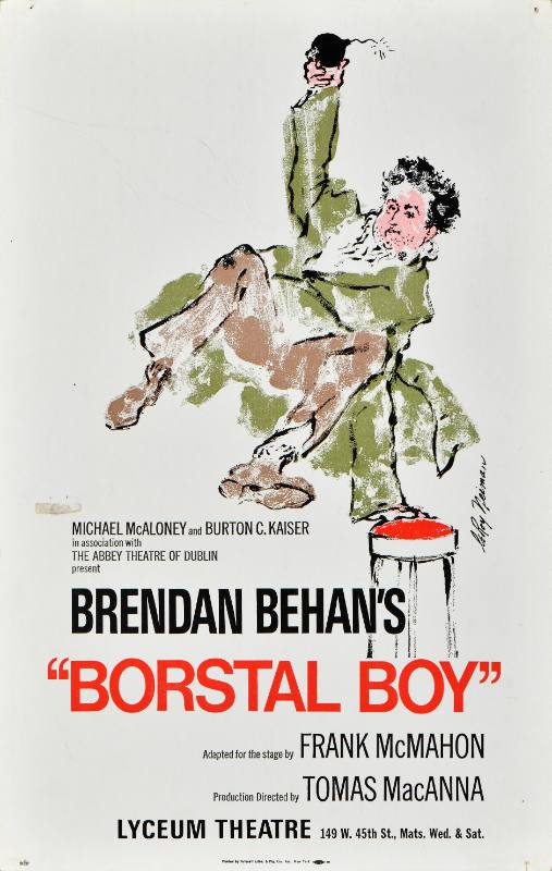 A poster of a person in a green coat vaulting over a red stool holding a lit bomb in one hand.