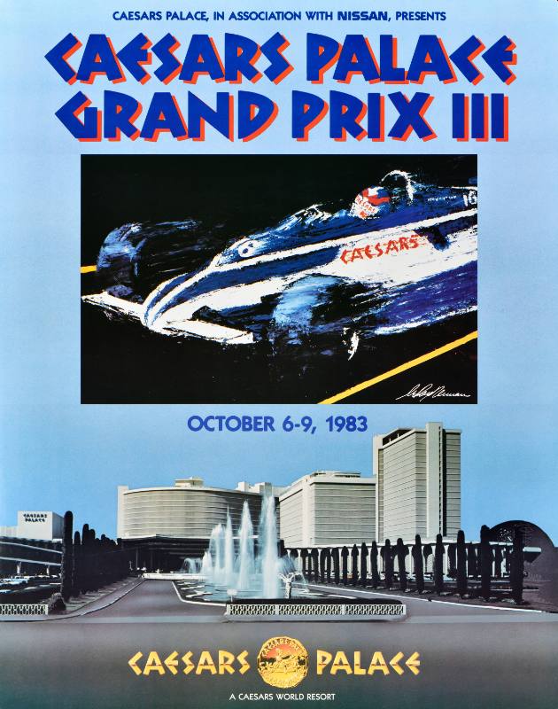 A poster of a roughly painted blue and white race car over an image of Caesars Palace resort.