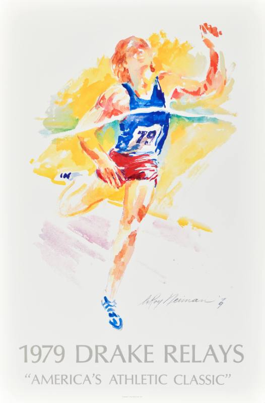 A poster of a soft painting of a runner in a blue tank top crossing the finish line with an arm raised.