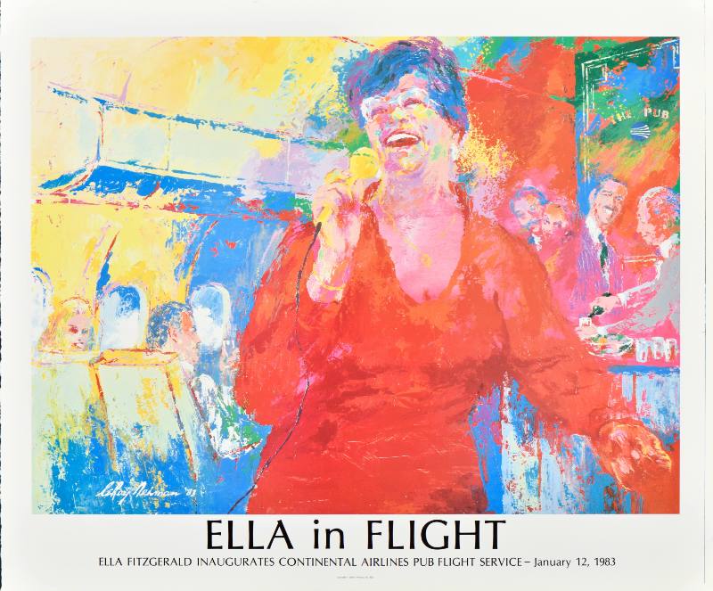 A poster of a roughly painted woman in a red dress singing into a microphone on a plane.