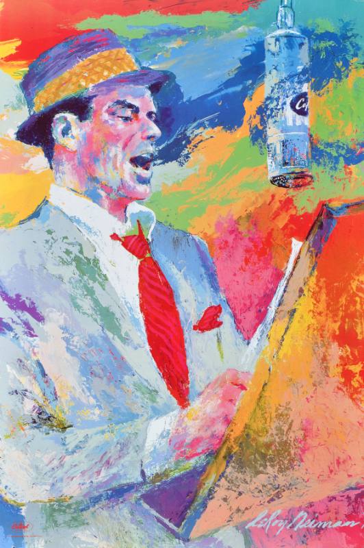 A poster of a roughly painted Frank Sinatra in a gray suit and red tie and singing in a studio.