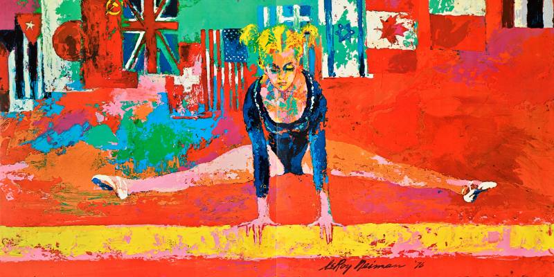 A poster of an expressionist painting of blonde woman balancing on a beam doing a midair split.