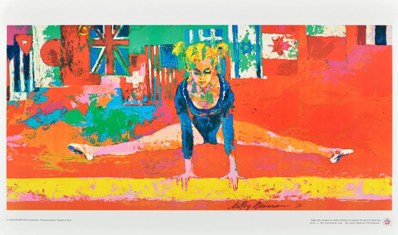 A poster of an expressionist painting of blonde woman balancing on a beam doing a midair split.