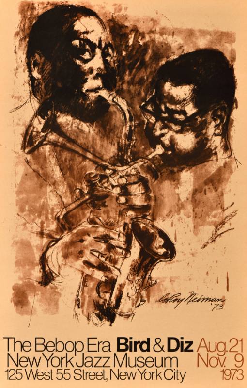 A poster of an expressionist painting of a man playing a saxophone and another playing trumpet. Image