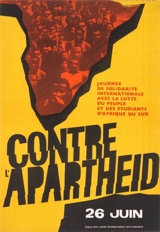 A poster of a red collage of people inside the shape of Africa on a yellow background.