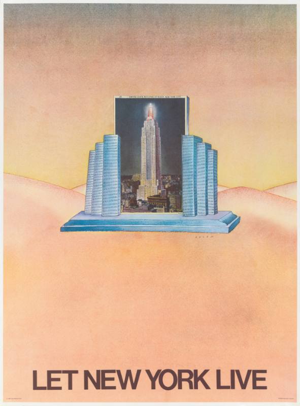 A poster of a grey platform with tall buildings surrounding a picture of the Empire State Building.