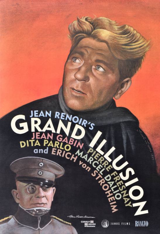 A poster of a white man in military clothing with a monocle and a blonde white man in a coat on a red background.