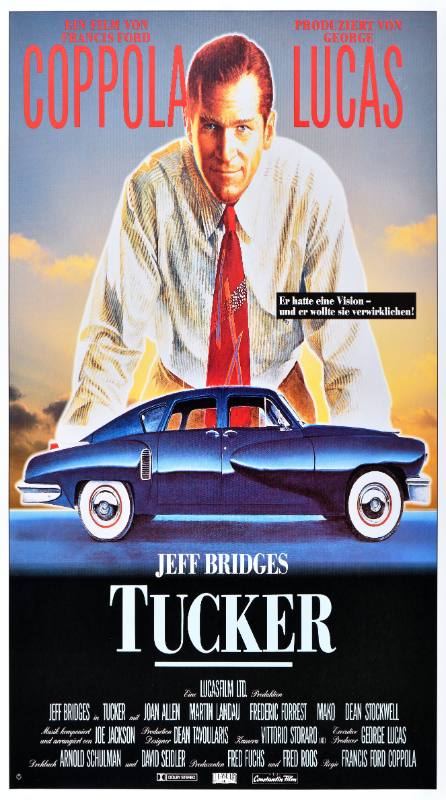 A poster of a man in a red tie leaning on a table with a small blue tail fin car in front of him.