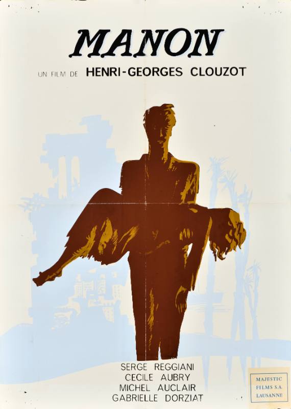 A poster of a shadow covered man carrying a limp shadow covered women in front of a destroyed building.