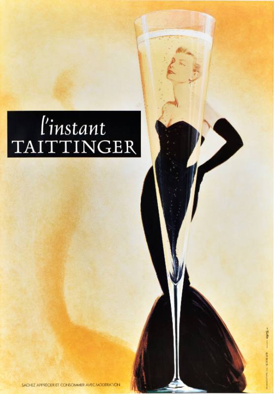 A poster of a champagne glass in front of a woman posing wearing an elegant black dress and gloves.