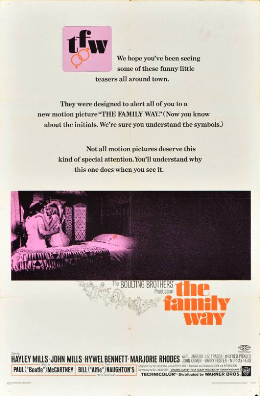 A poster of a pink and black image of a couple looking into each other's eyes sitting on a bed.