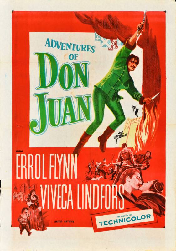 A poster of a man swinging from a chain with a knife by a fire behind fights and him kissing a woman.