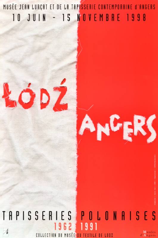 A poster of a cloth with letters cut out of it next to a red background with letters cut from cloth.